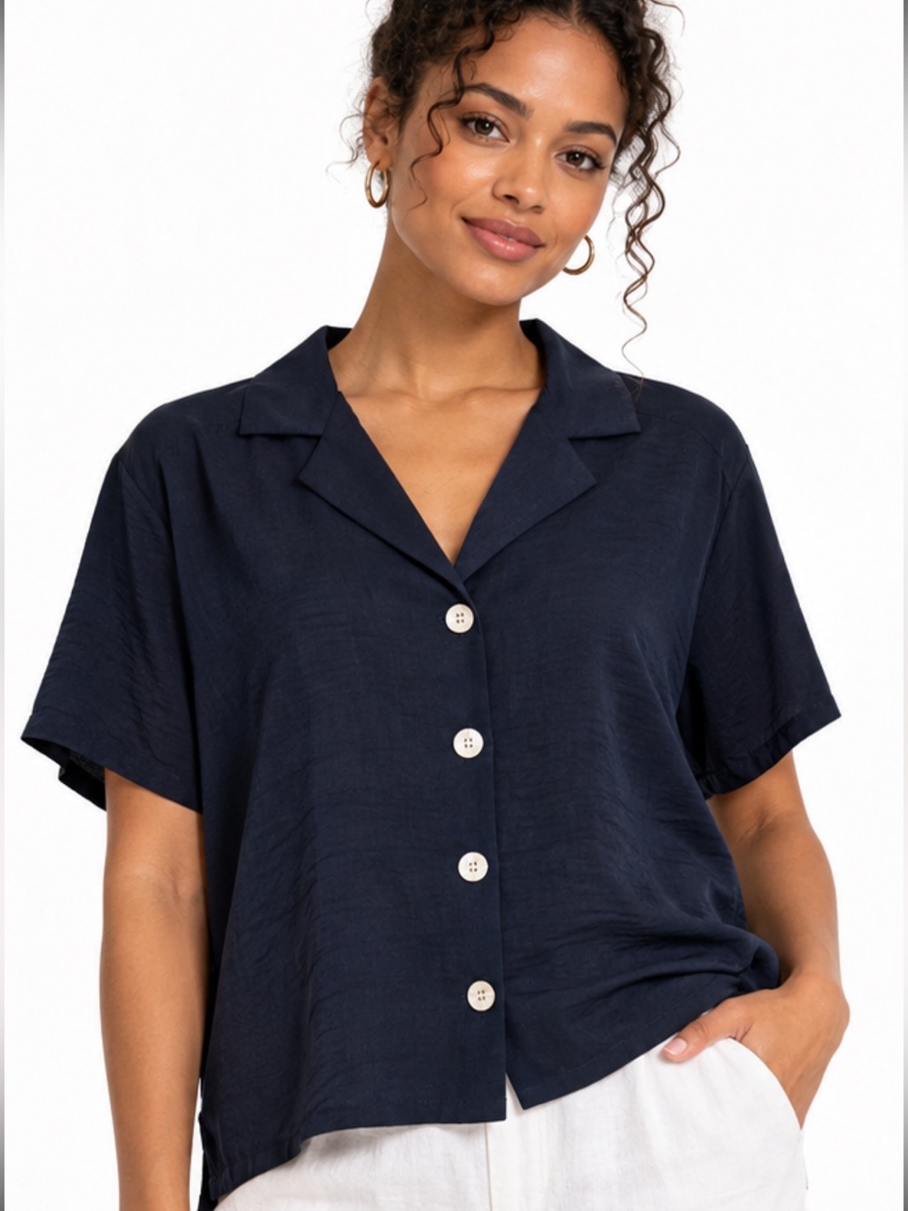 Relaxed Navy Short-Sleeve Button-Front Shirt